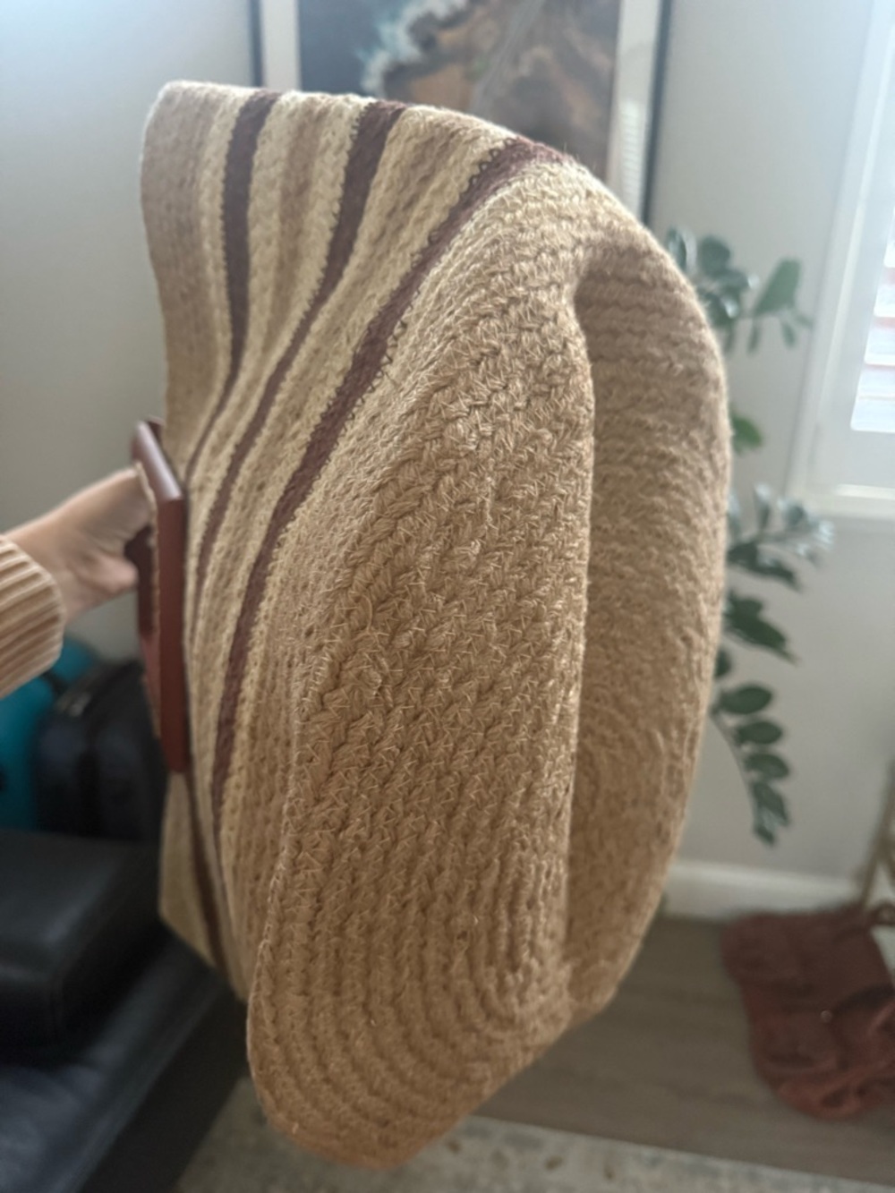 OLIVIA MILLER Women Atllas Woven Straw Tote Bag Brown Leather Square Handles - Picture 3 of 5